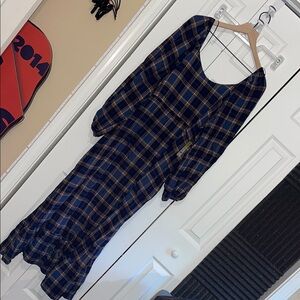 Terra & Sky Long Sleeve Checkered Dress in Blue and Tan